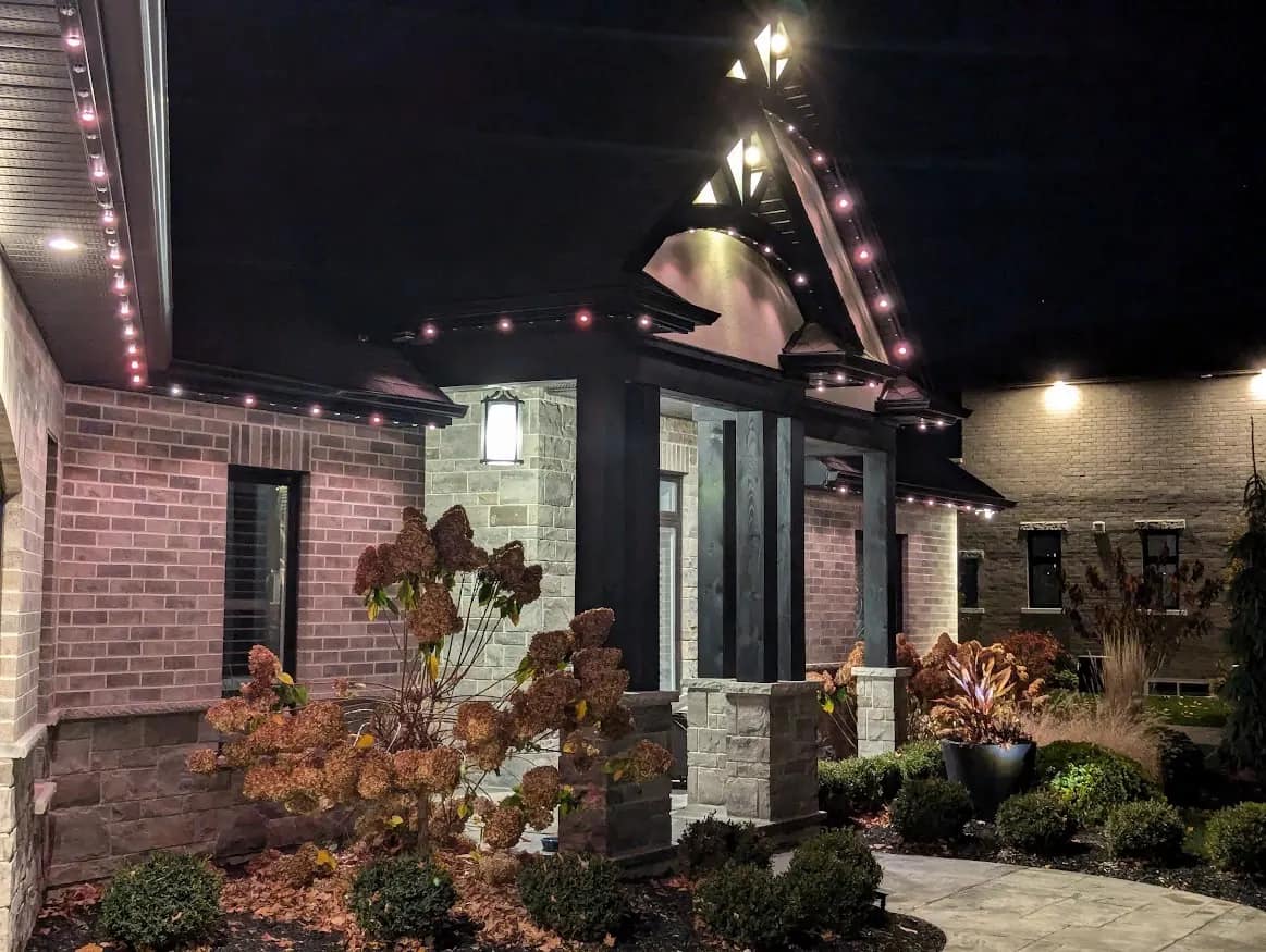 Permanent LED roofline lighting on a home in Exeter, Ontario by Forever Lights